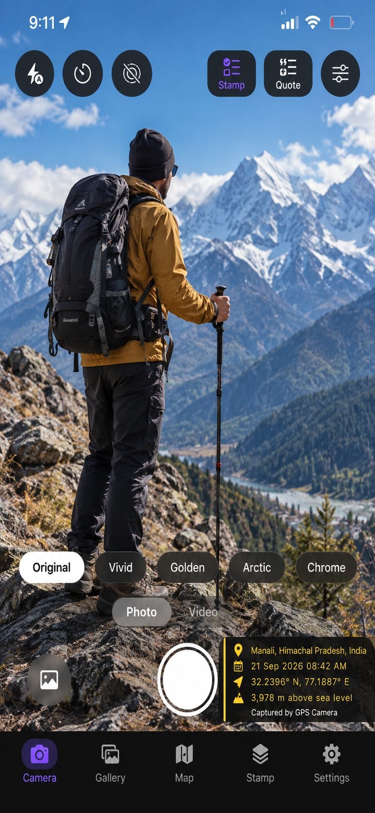 Camera screen with GPS stamp over a mountain view