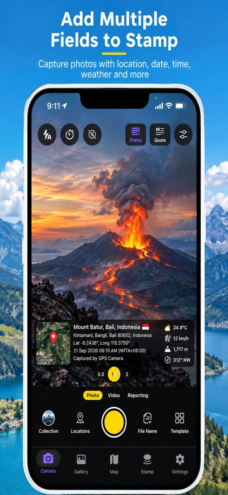GPS Map Camera stamping a photo with location, date, weather, altitude and compass