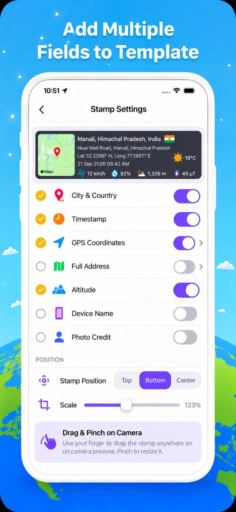 Stamp settings with toggles for each field